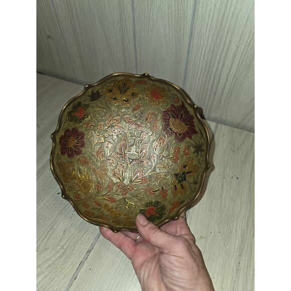 Vtg Cloisonne Brass Enamel Bowl Floral Pedestal Chinese Dish Catch All Ornate - Picture 2 of 8